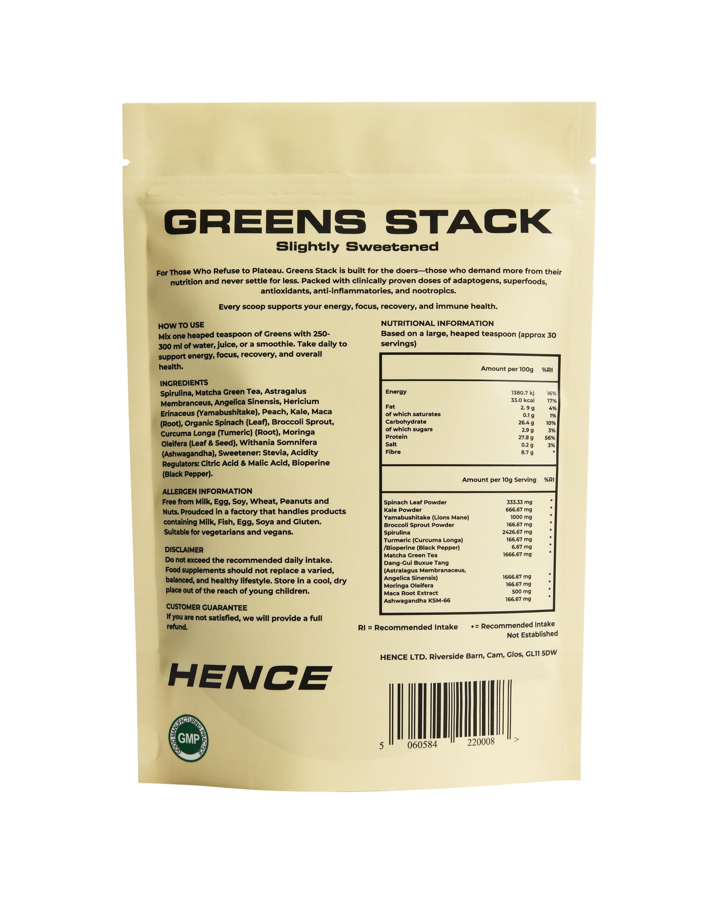 Hence Greens pouch back — full nutrition label, ingredients list and clinical doses per serving