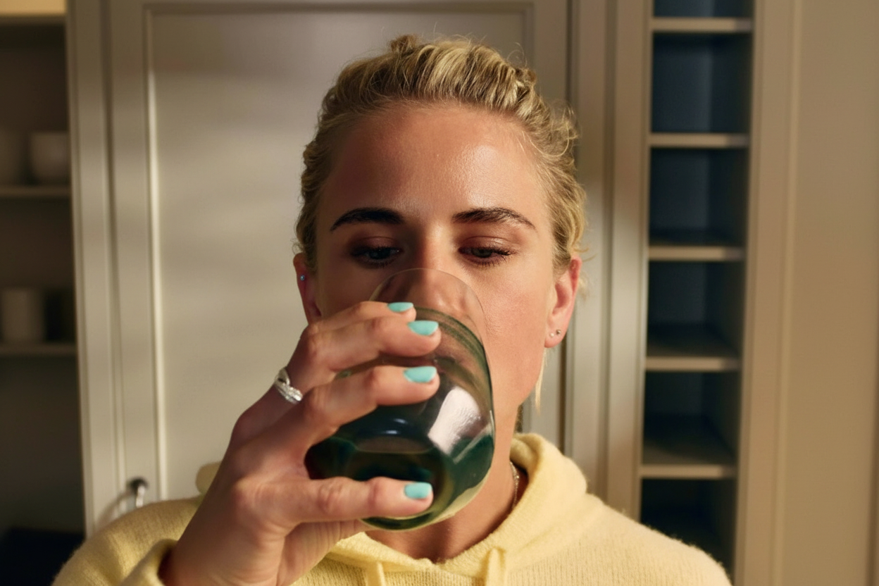 Woman drinking Hence Greens from a glass as part of her morning routine