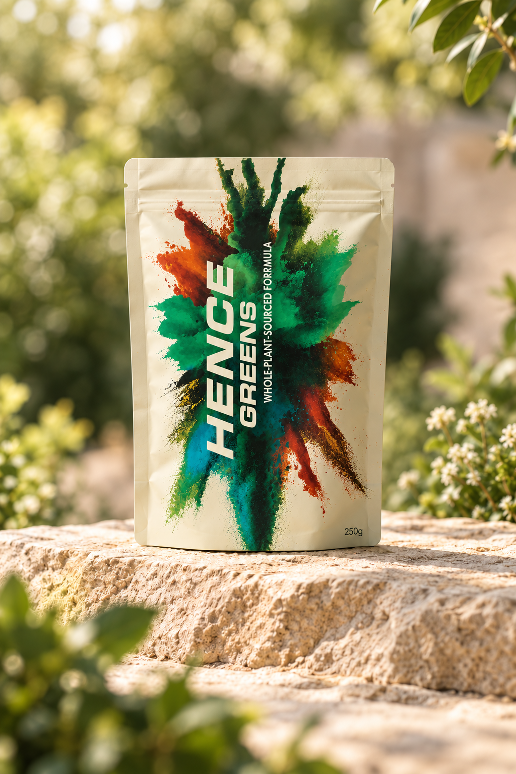 Hence Greens 250g pack in an outdoor setting; packaging render
