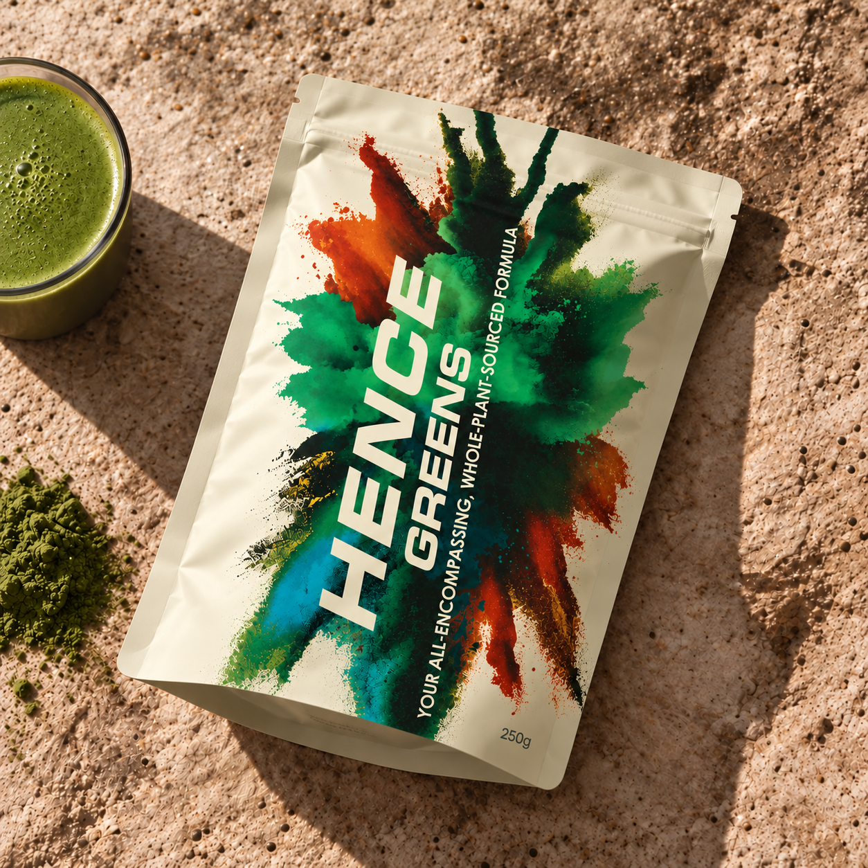 Hence Greens 250g pack on warm natural stone; packaging render