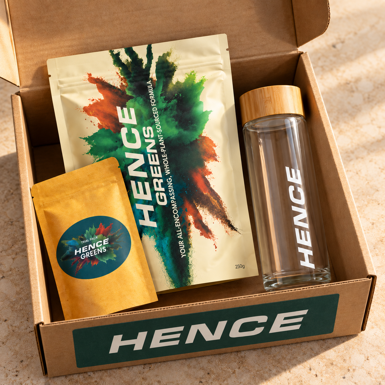 Hence welcome kit arranged in its open delivery box; packaging concept